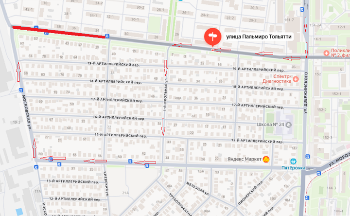 Схема объезда перекрытого участка по улице Пальмиро Тольятти. Фото Яндекс.карты
