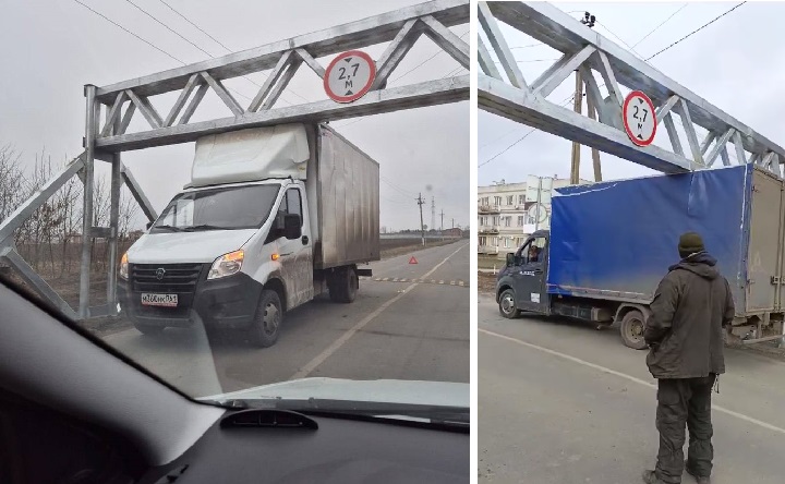 Грузовой транспорт пытается проехать под восстановленной рамкой габаритного контроля в Таганроге. Фото  telegram-канала «Водители Таганрога»